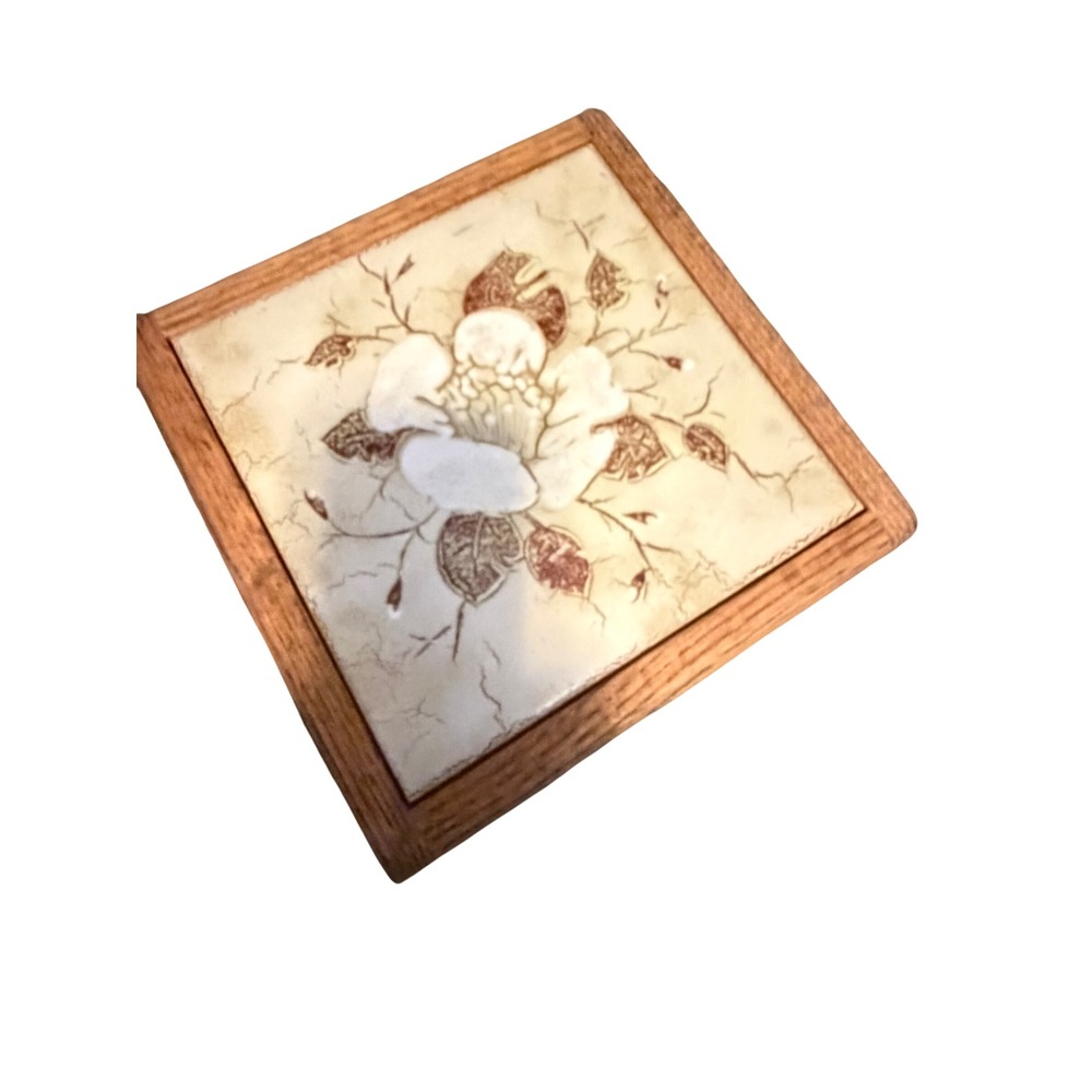 Vintage Oak Wood Framed Ceramic Tile Trivet White Flower Floral 7.5 Inch Square
